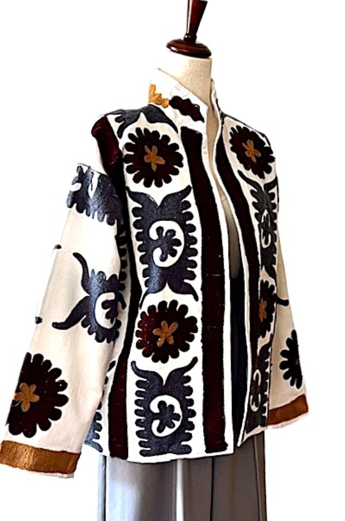 Jacket - Wearable Art, Embroidered, Boho Kimono Box Cut Top: Cotton Velvet (Gray Copper)