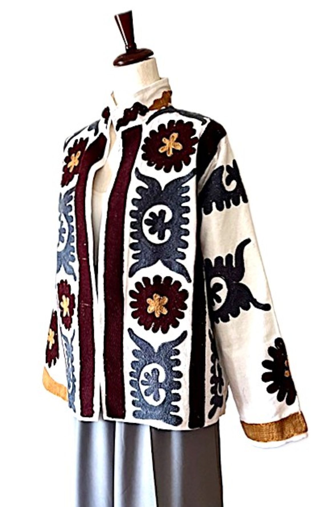 Jacket - Wearable Art, Embroidered, Boho Kimono Box Cut Top: Cotton Velvet (Gray Copper)