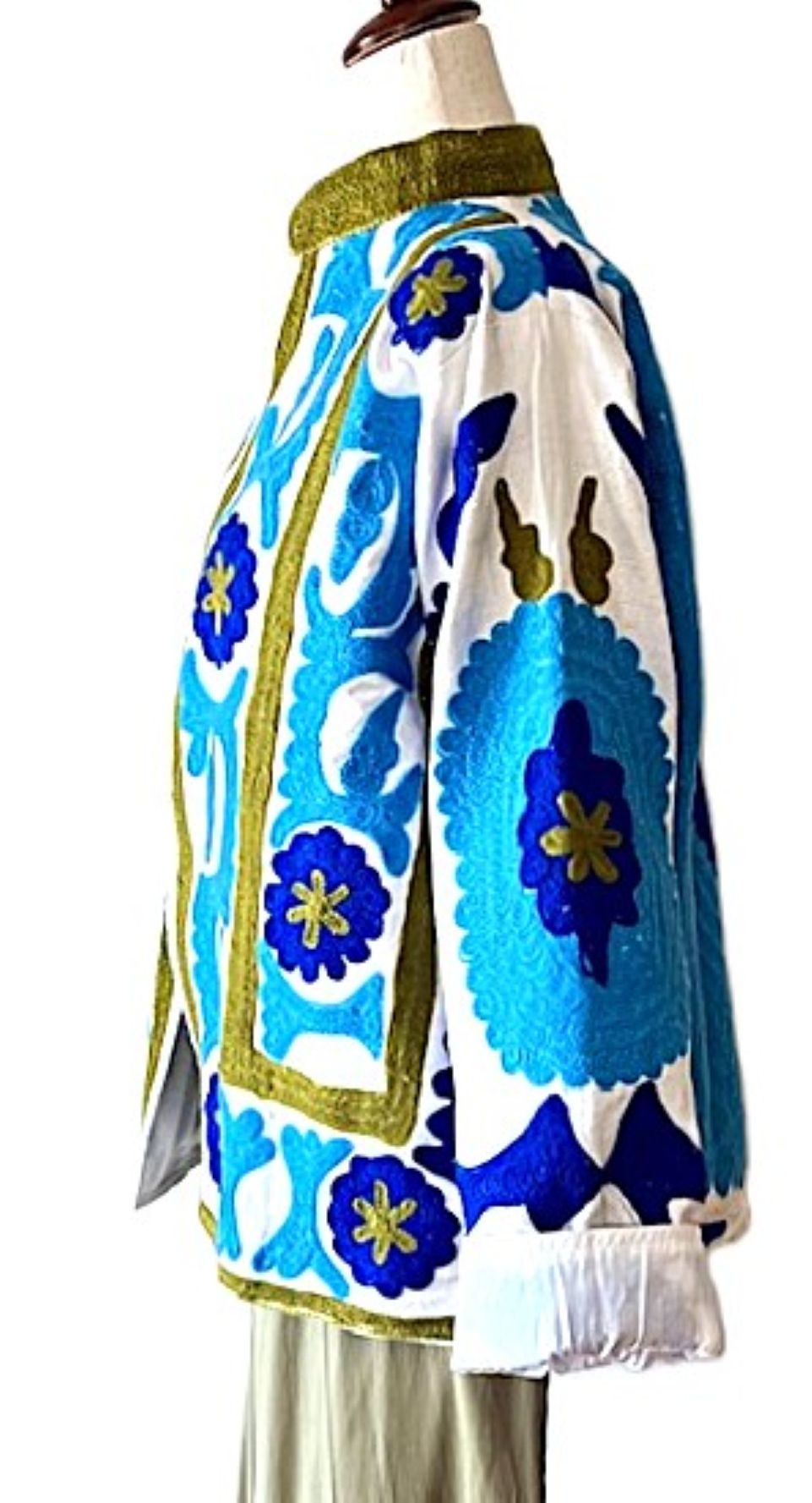 Jacket - Wearable Art, Embroidered, Boho Kimono Box Cut Top: Cotton Velvet (Blue, Olive)
