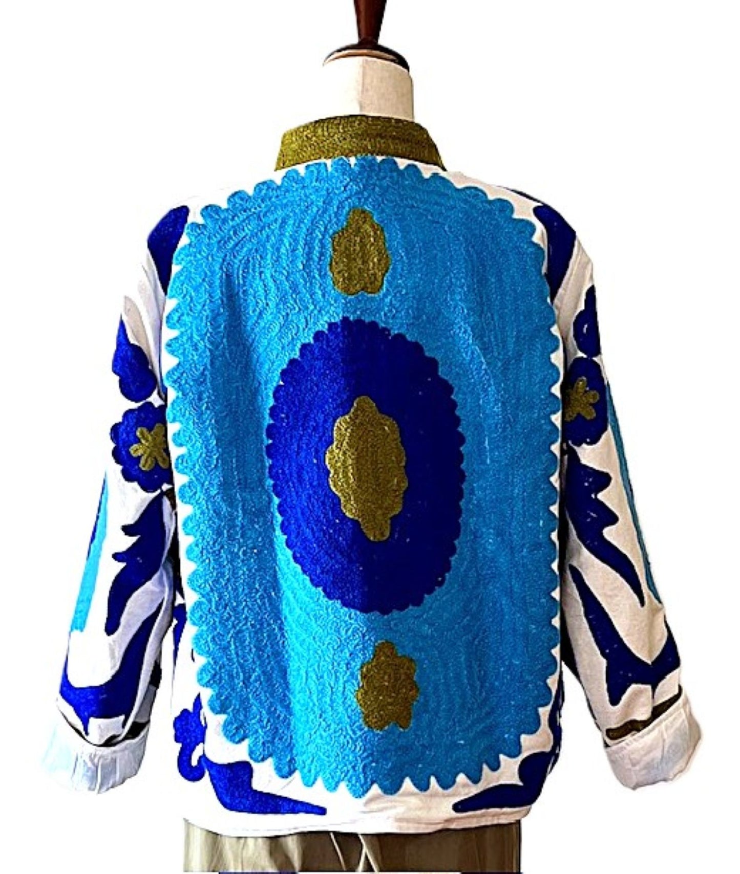 Jacket - Wearable Art, Embroidered, Boho Kimono Box Cut Top: Cotton Velvet (Blue, Olive)