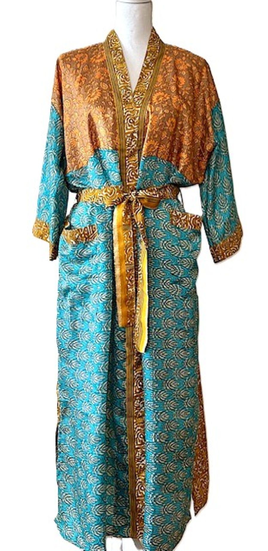 Long Silk Kimono Duster, Dramatic Two Tone And Elegant (Aqua)