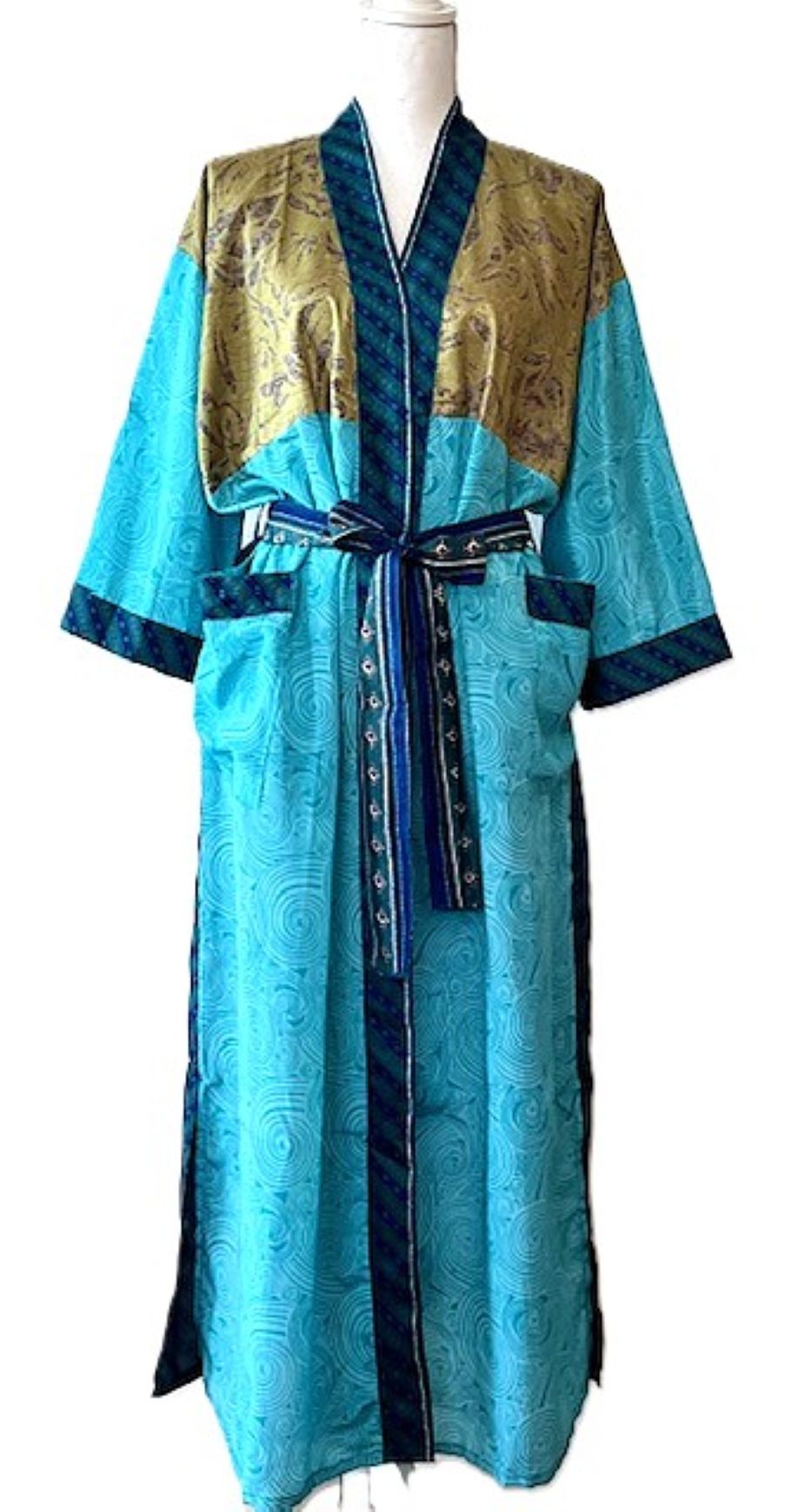 Long Silk Kimono Duster, Dramatic Two Tone And Elegant (Aqua)