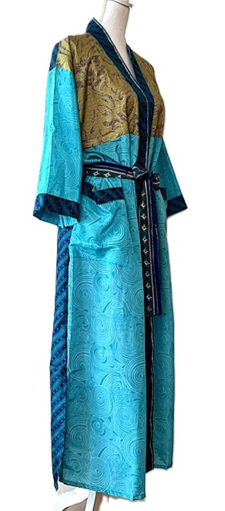 Long Silk Kimono Duster, Dramatic Two Tone And Elegant (Aqua)