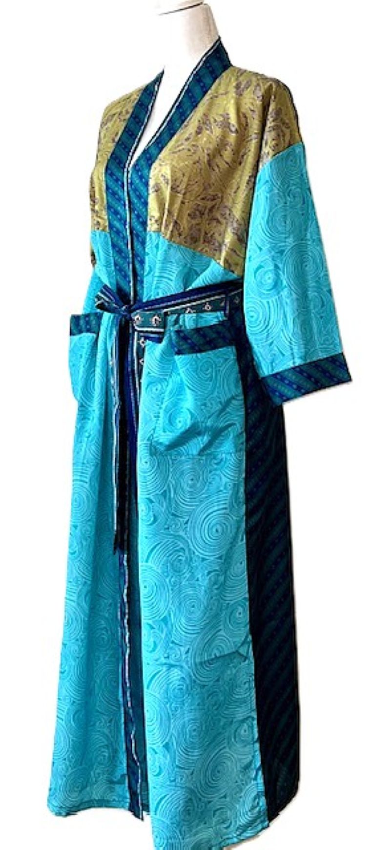 Long Silk Kimono Duster, Dramatic Two Tone And Elegant (Aqua)