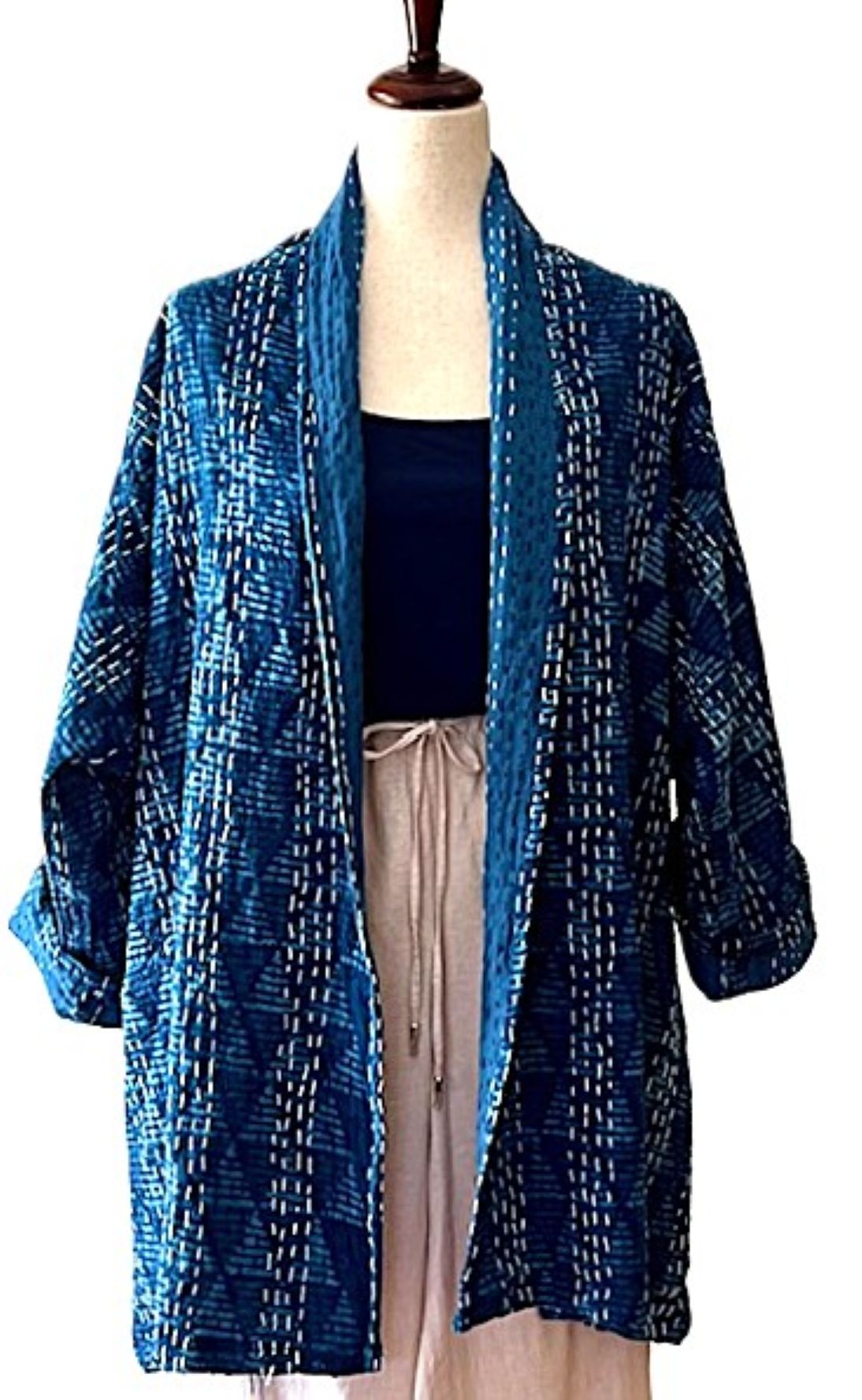 Vibrant Japanese Style Kimono Jacket With Kantha Stitching. Mixed Prints In Indigo.
