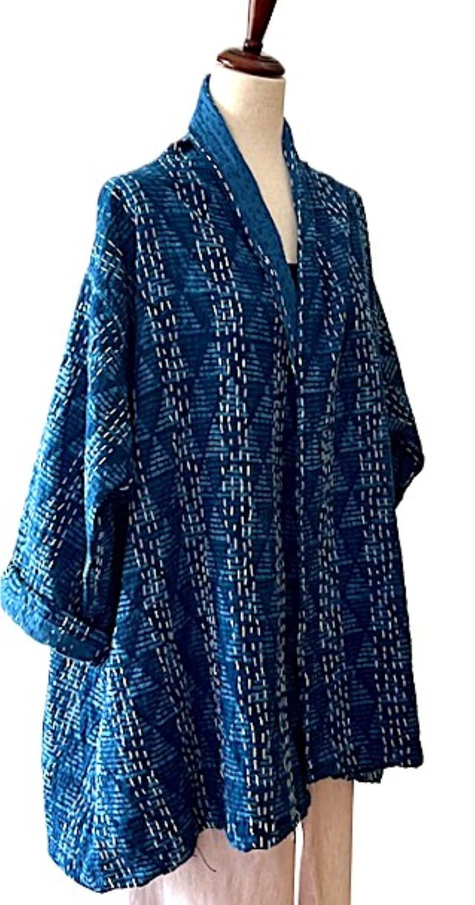 Vibrant Japanese Style Kimono Jacket With Kantha Stitching. Mixed Prints In Indigo.