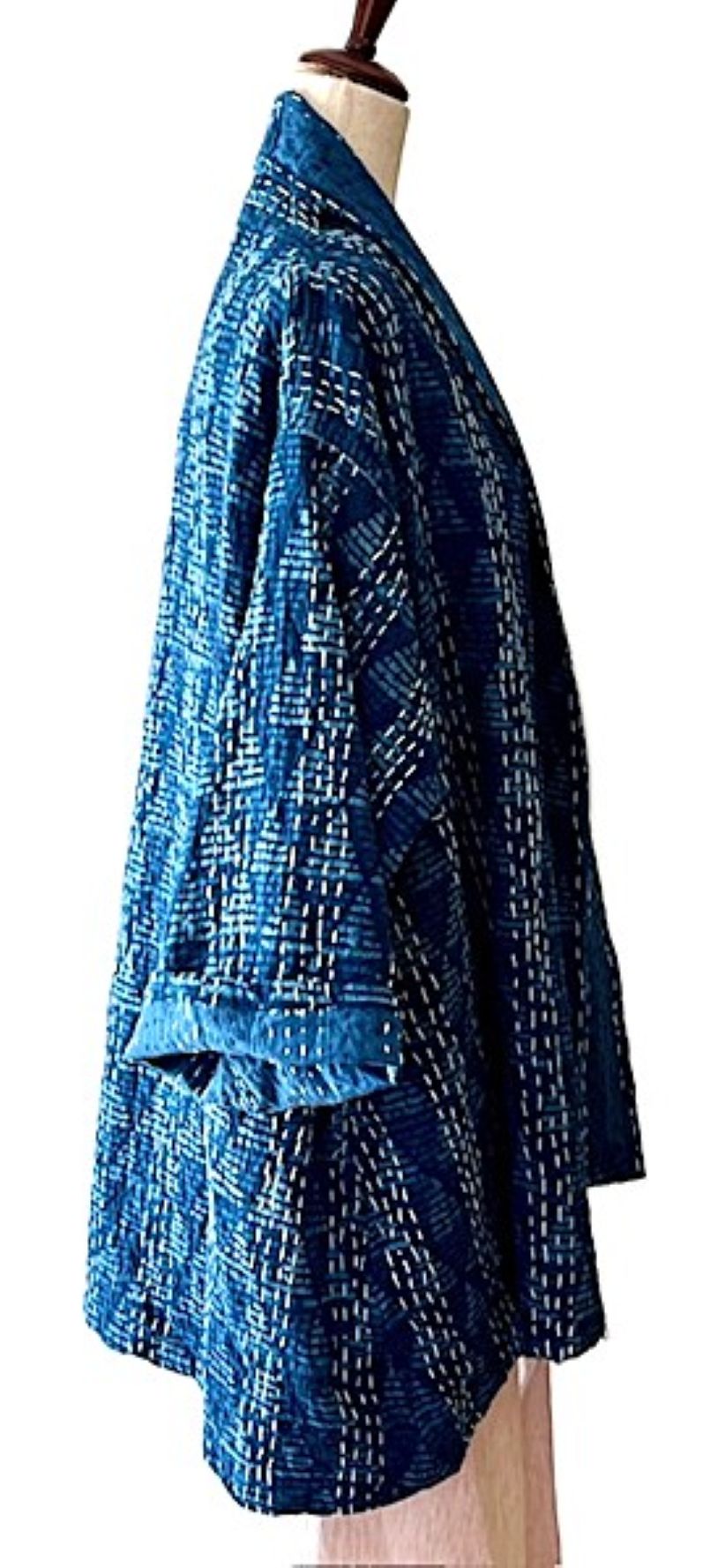 Vibrant Japanese Style Kimono Jacket With Kantha Stitching. Mixed Prints In Indigo.