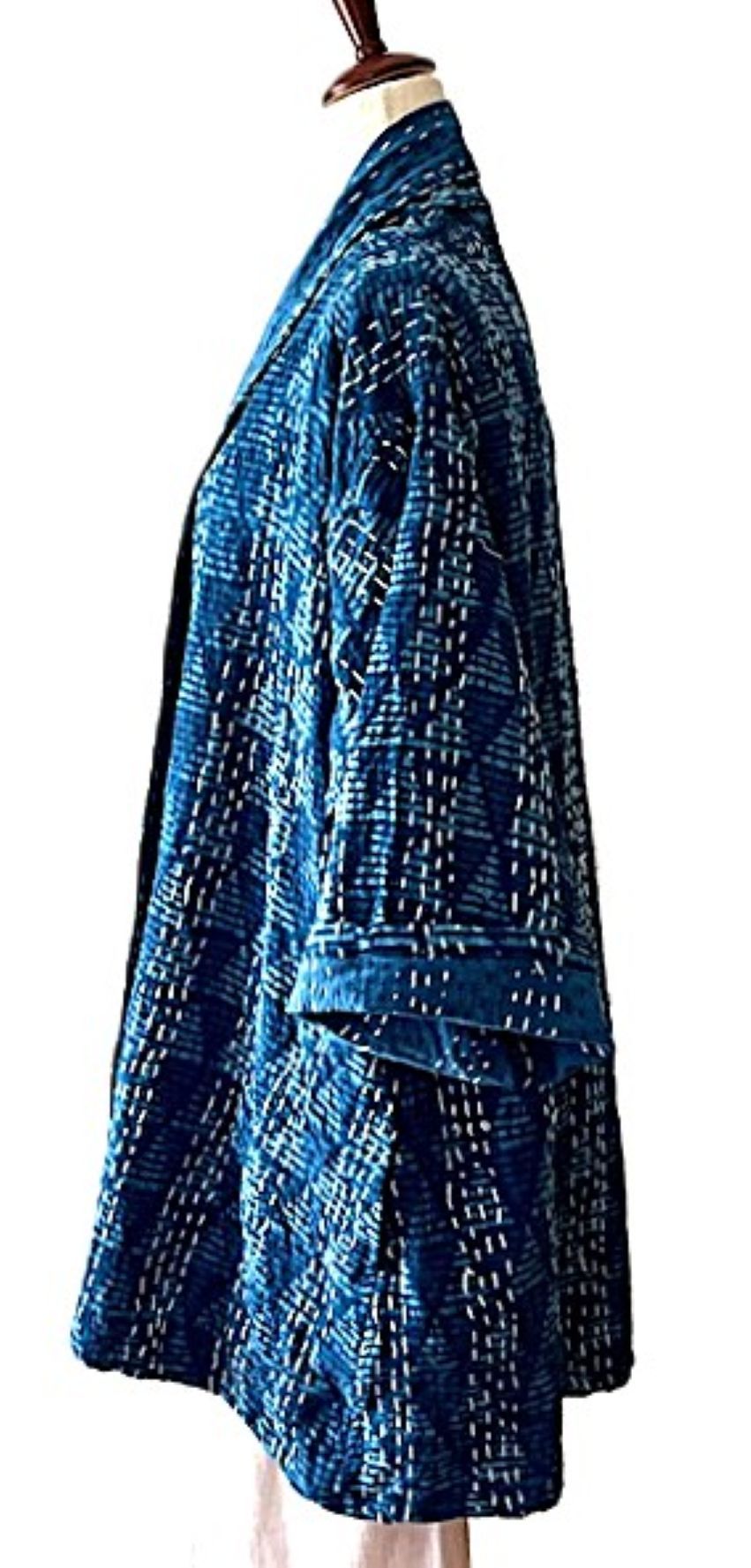 Vibrant Japanese Style Kimono Jacket With Kantha Stitching. Mixed Prints In Indigo.