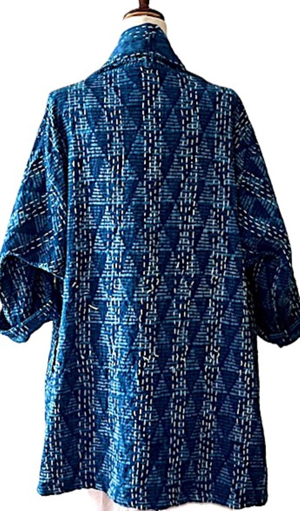 Vibrant Japanese Style Kimono Jacket With Kantha Stitching. Mixed Prints In Indigo.
