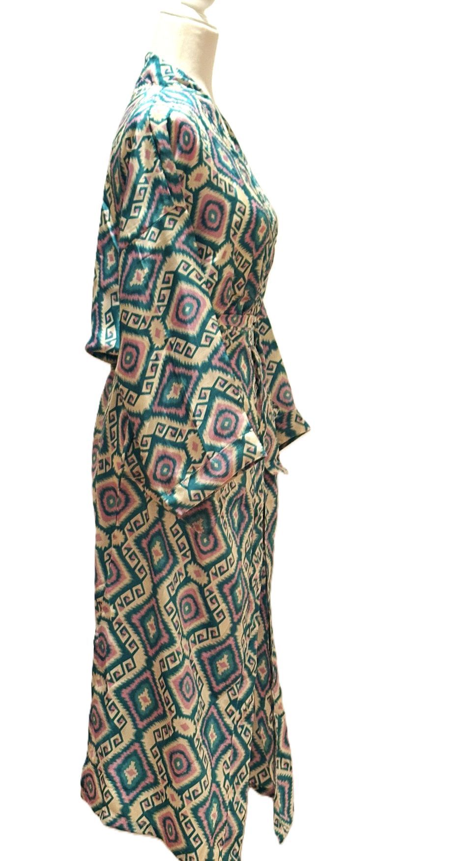 Long Silk Kimono Duster, Dramatic Mixed Prints.(Green Pink)