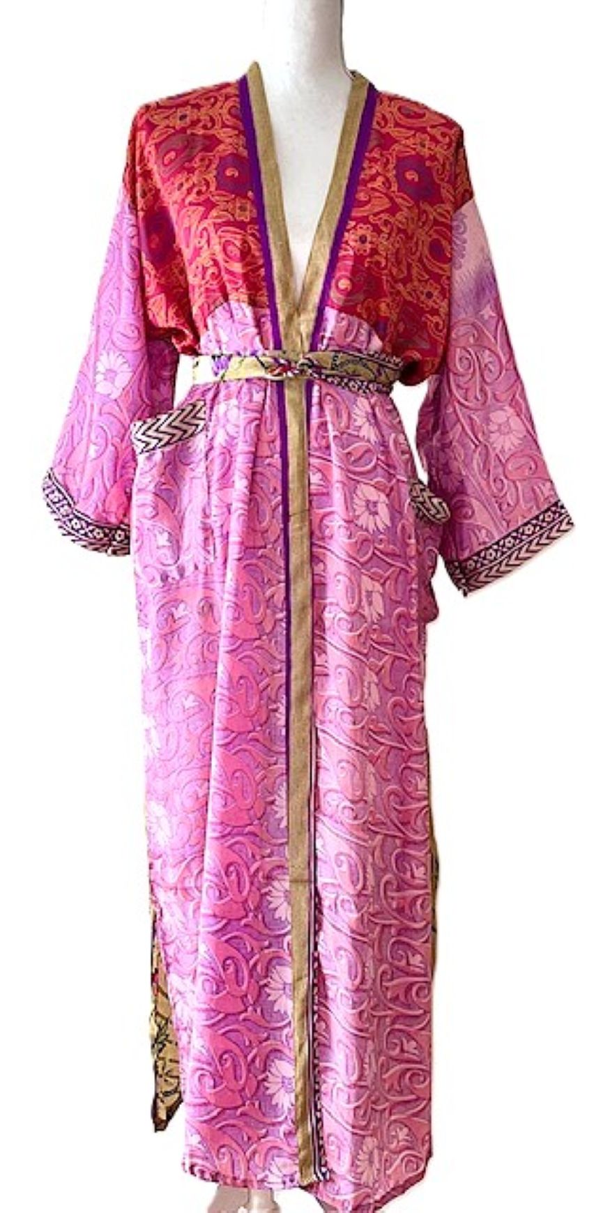 Long Silk Kimono Duster, Dramatic Mixed Print Is Perfect For Layering. (Pink)