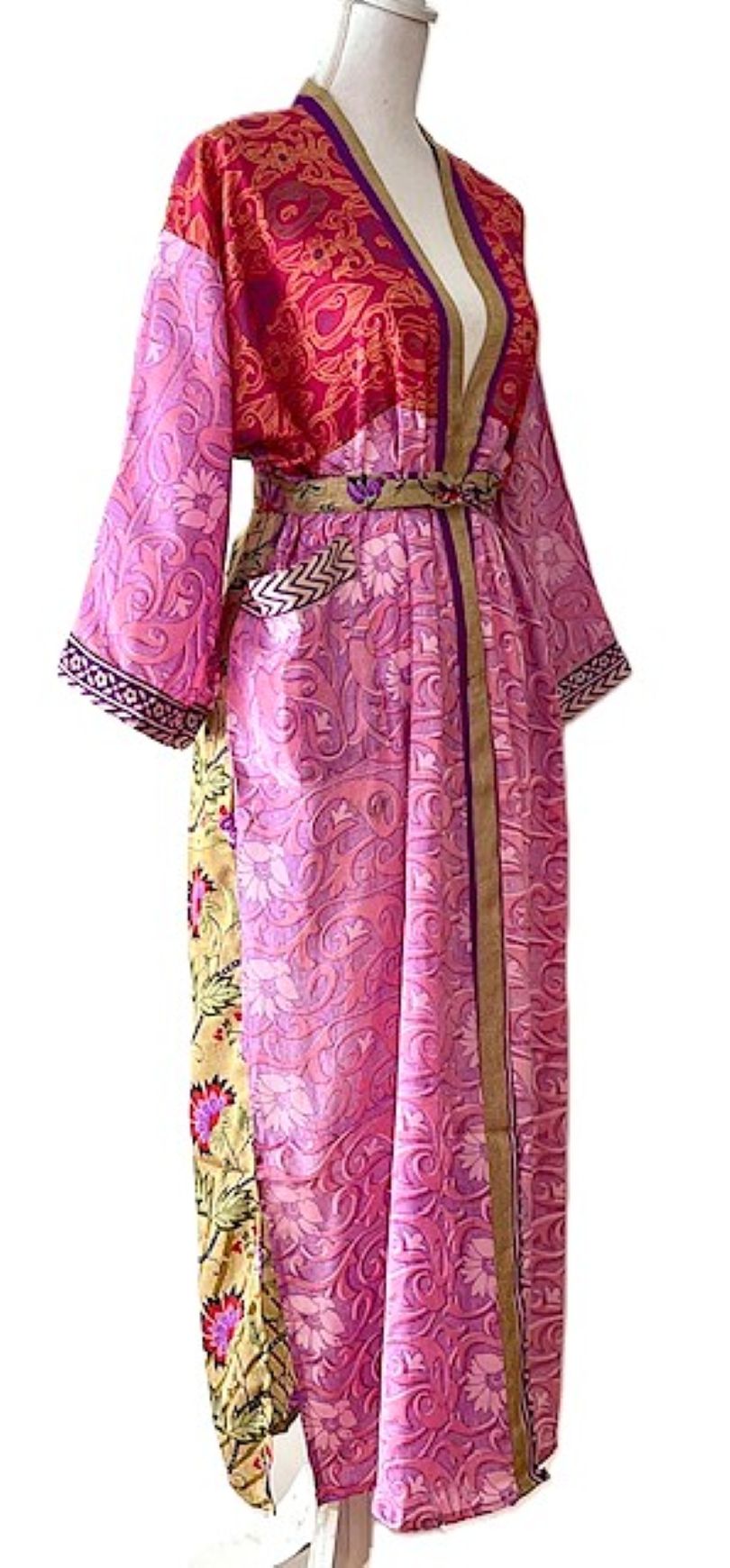 Long Silk Kimono Duster, Dramatic Mixed Print Is Perfect For Layering. (Pink)
