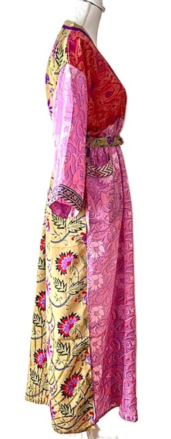 Long Silk Kimono Duster, Dramatic Mixed Print Is Perfect For Layering. (Pink)