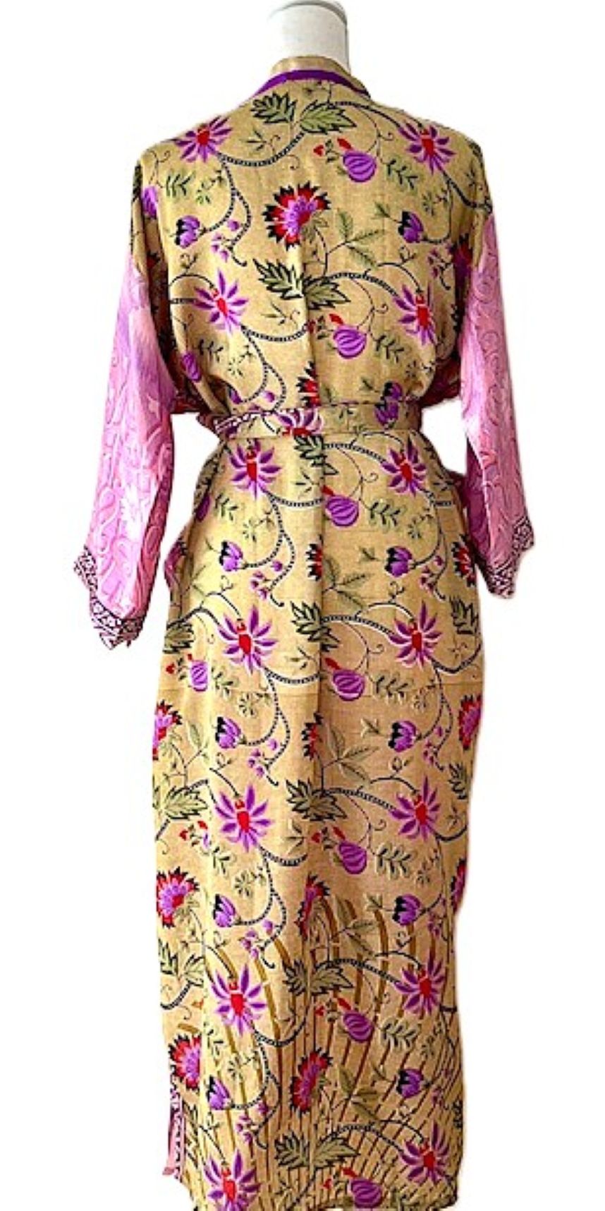 Long Silk Kimono Duster, Dramatic Mixed Print Is Perfect For Layering. (Pink)