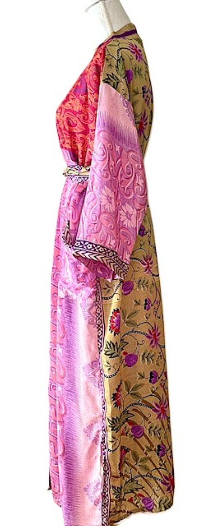 Long Silk Kimono Duster, Dramatic Mixed Print Is Perfect For Layering. (Pink)