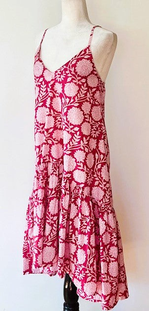 Adjustable Sleeveless Cotton Block Print Dress-Pink