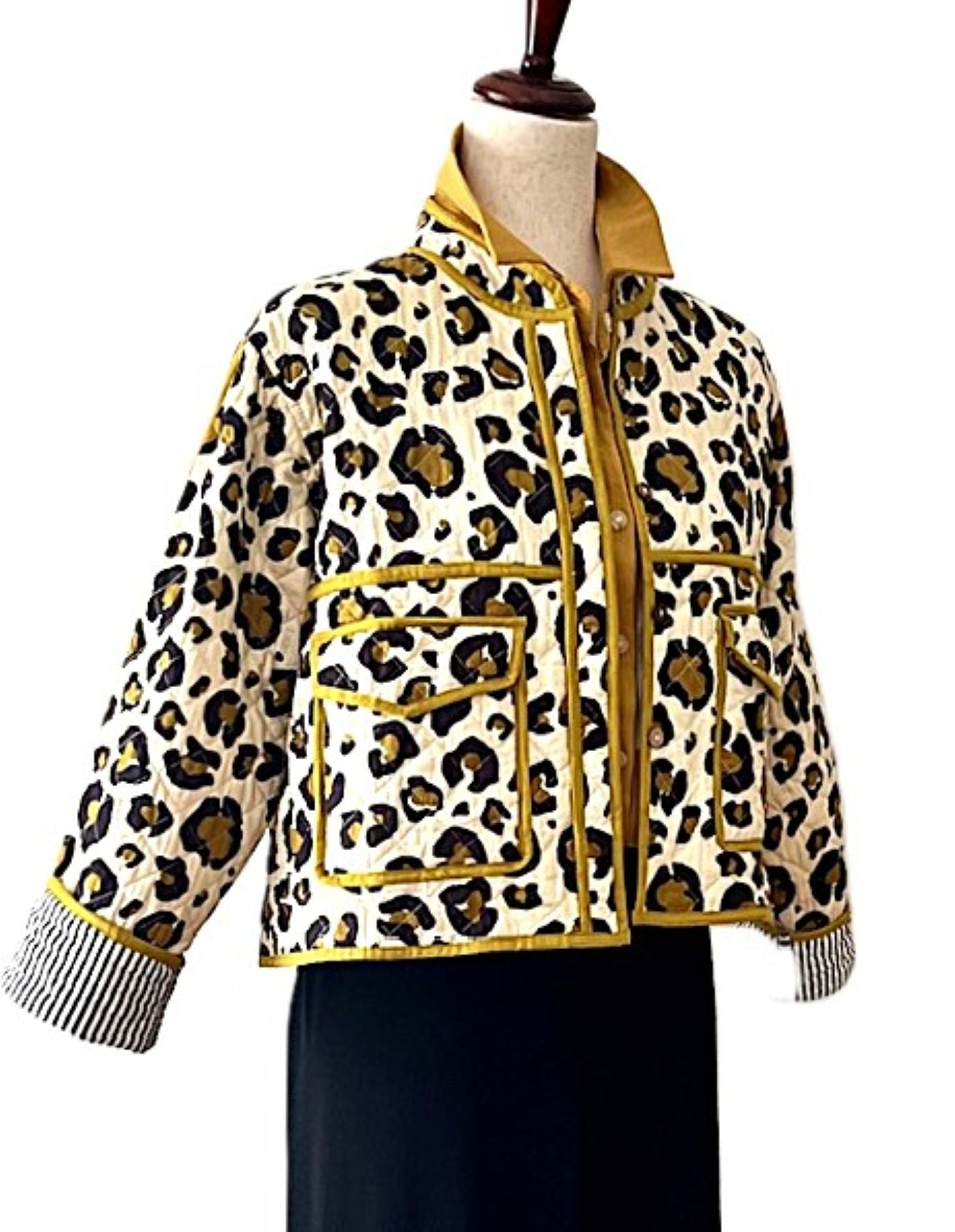 Jacket, Collared Reversible Cotton Quilted Cheetah Print With Stripe Piping.