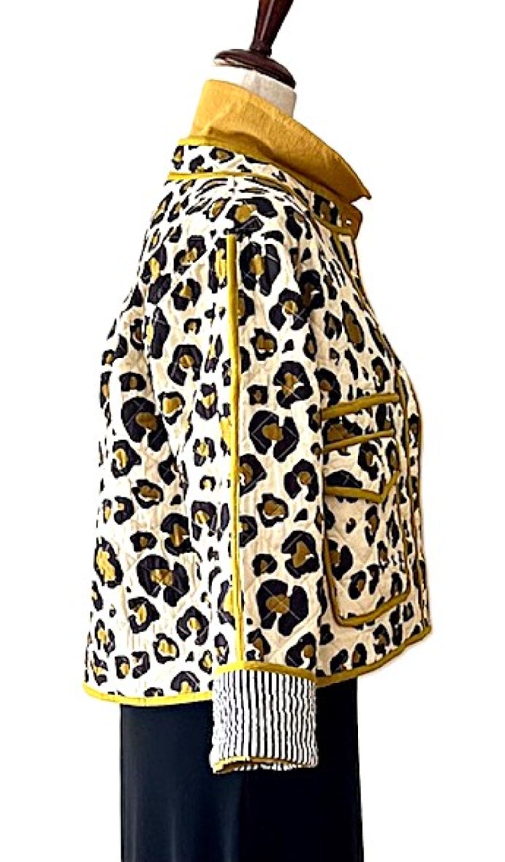 Jacket, Collared Reversible Cotton Quilted Cheetah Print With Stripe Piping.