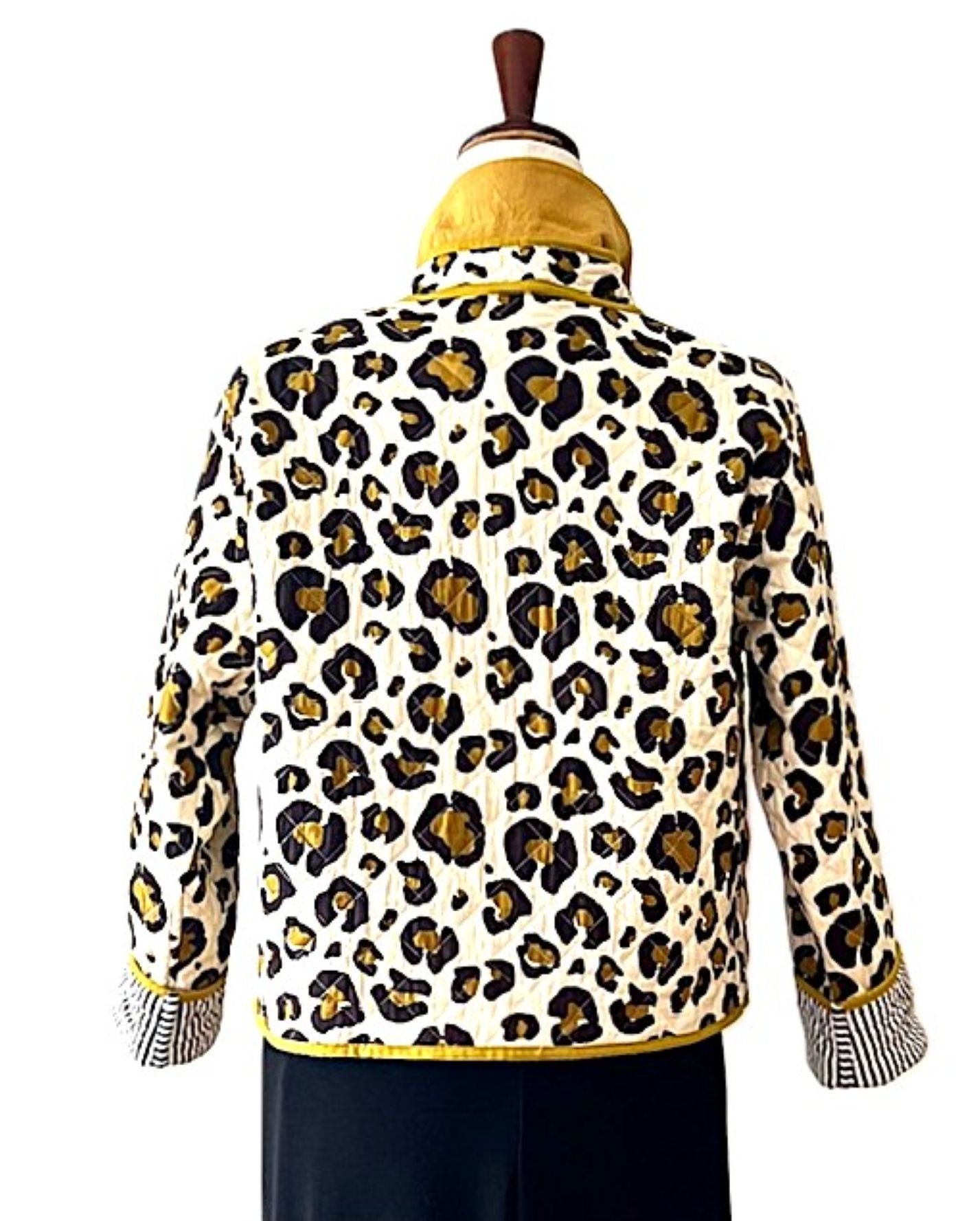 Jacket, Collared Reversible Cotton Quilted Cheetah Print With Stripe Piping.