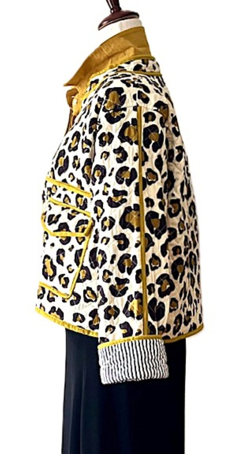 Jacket, Collared Reversible Cotton Quilted Cheetah Print With Stripe Piping.