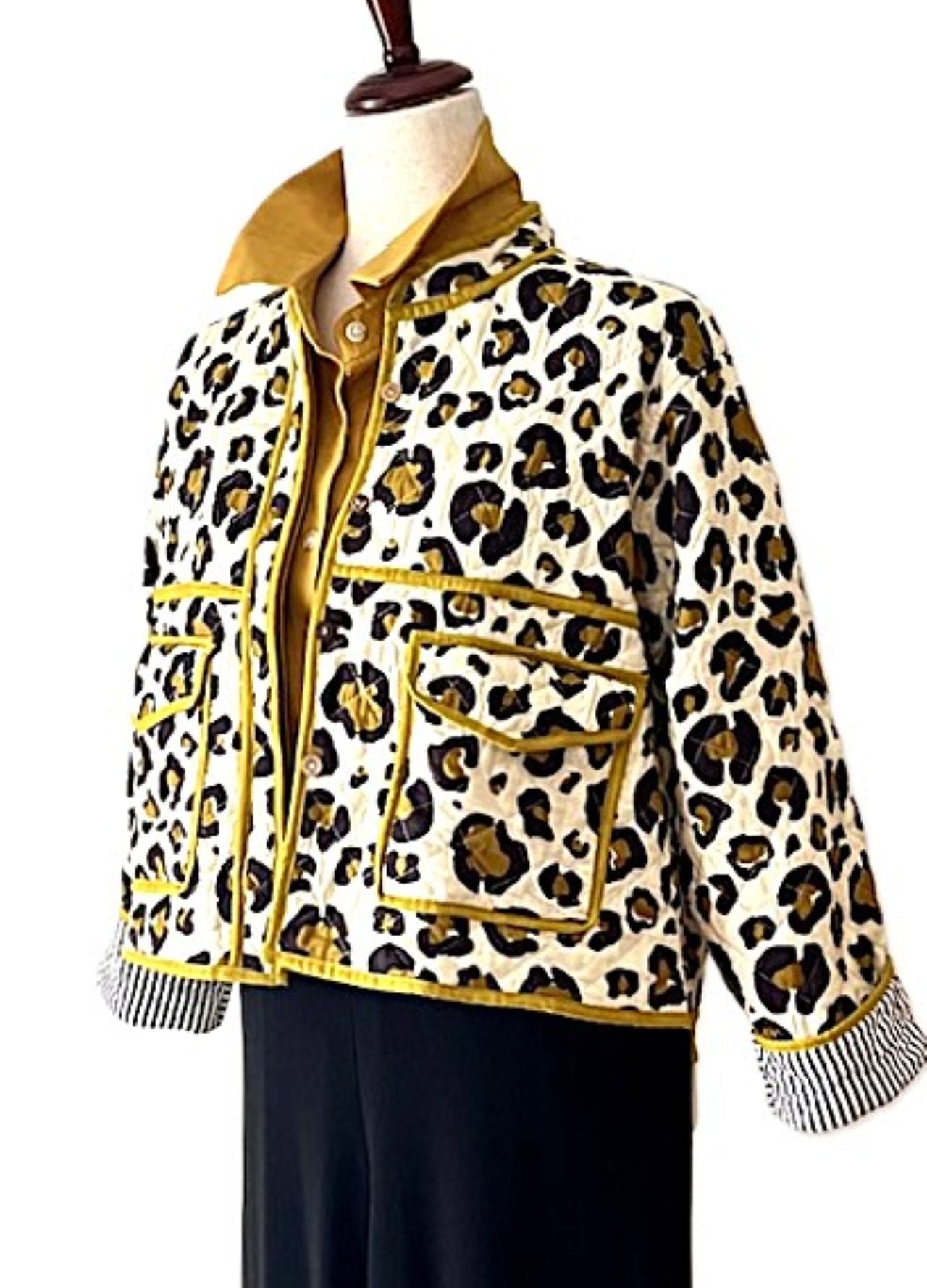 Jacket, Collared Reversible Cotton Quilted Cheetah Print With Stripe Piping.