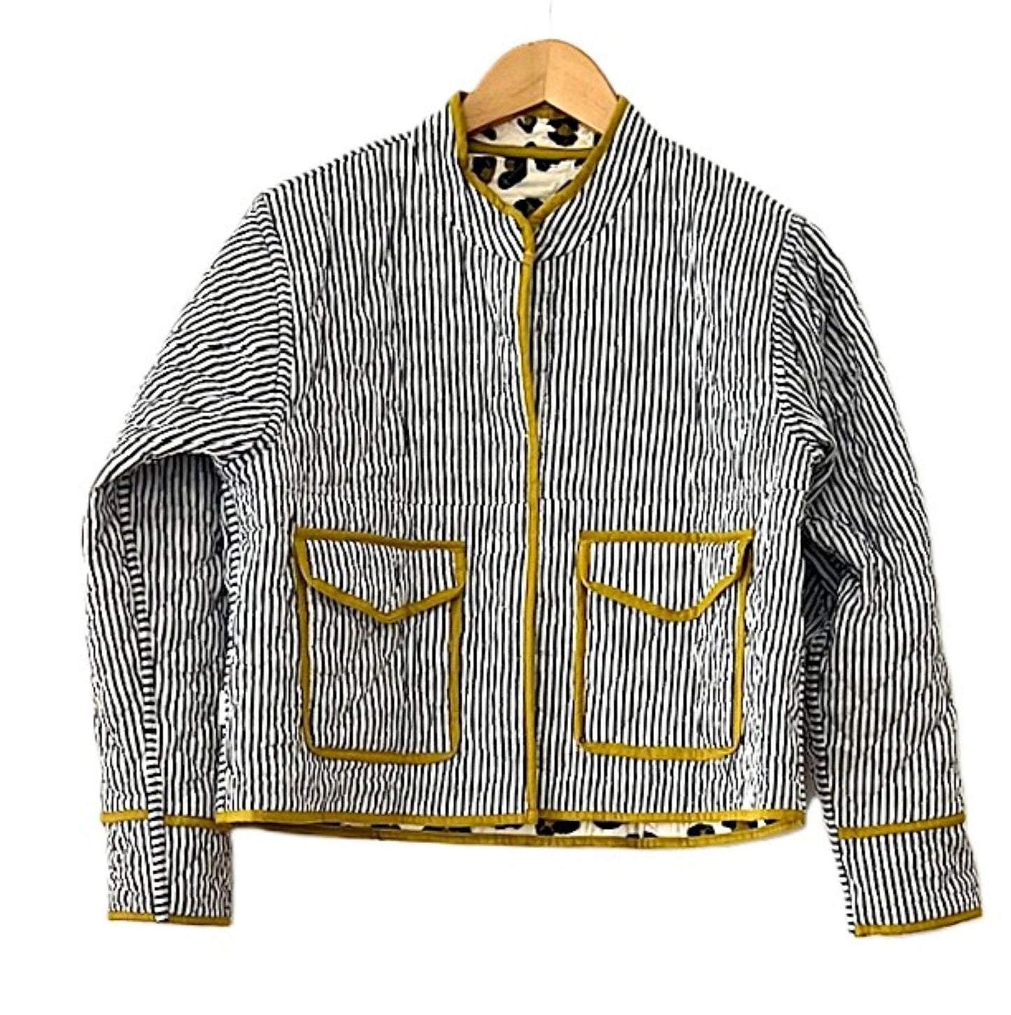 Jacket, Collared Reversible Cotton Quilted Cheetah Print With Stripe Piping.