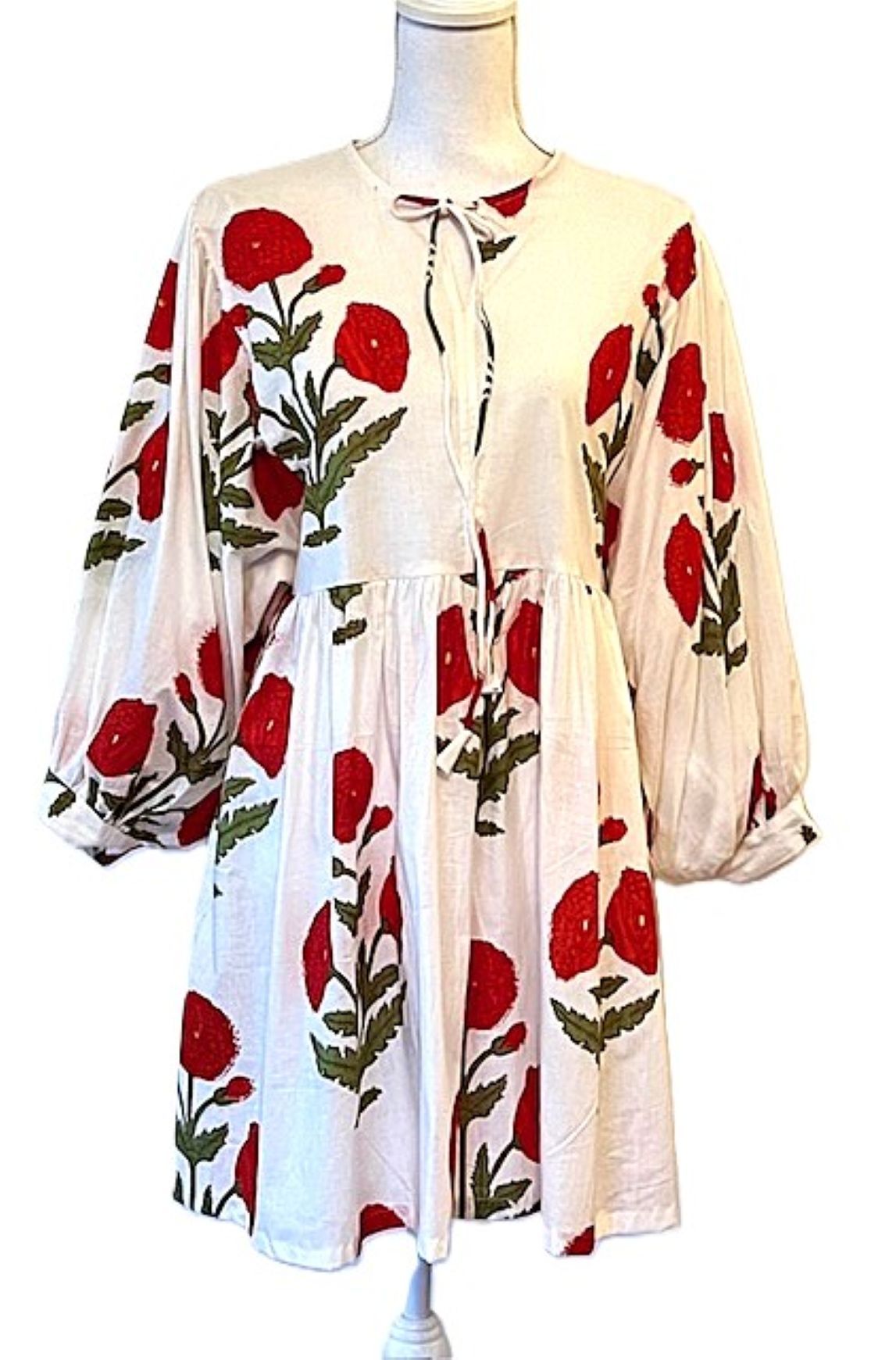 Cotton Block Print Mini Dress Is Energetic. Easy Fit. (Red)