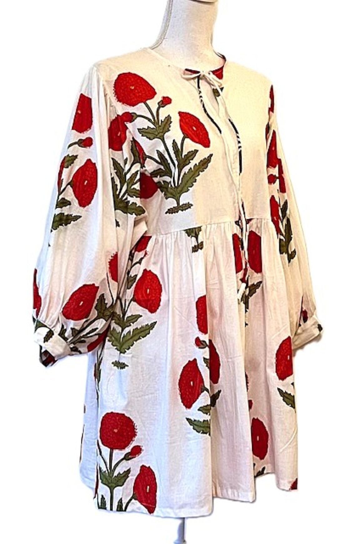 Cotton Block Print Mini Dress Is Energetic. Easy Fit. (Red)