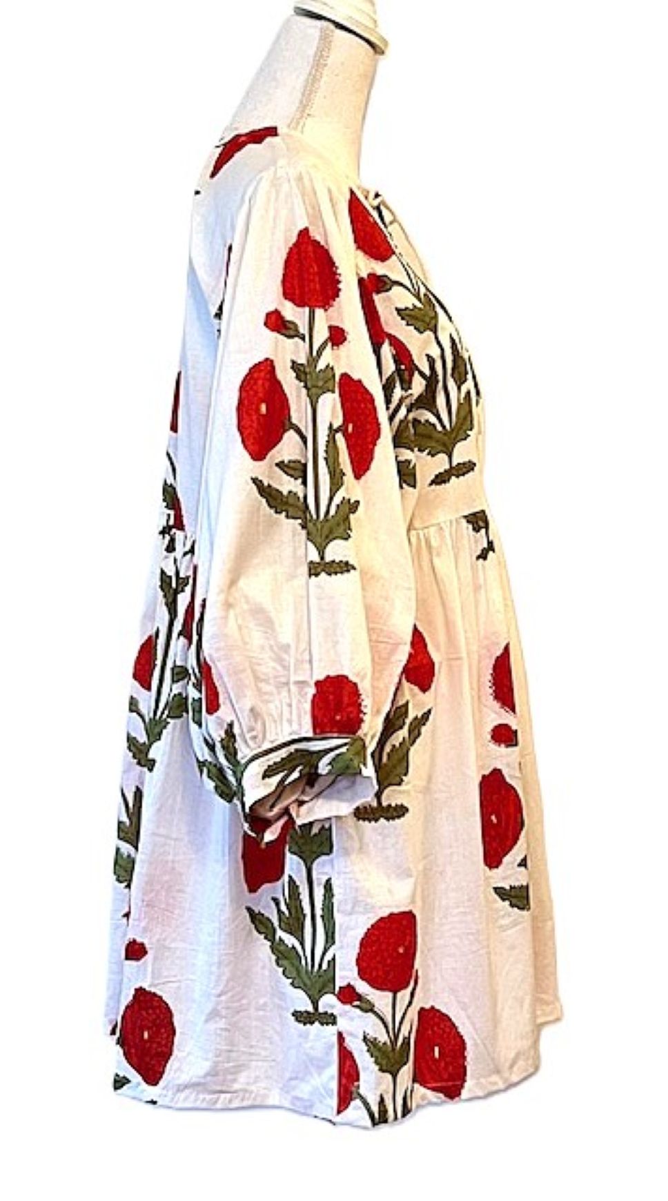 Cotton Block Print Mini Dress Is Energetic. Easy Fit. (Red)