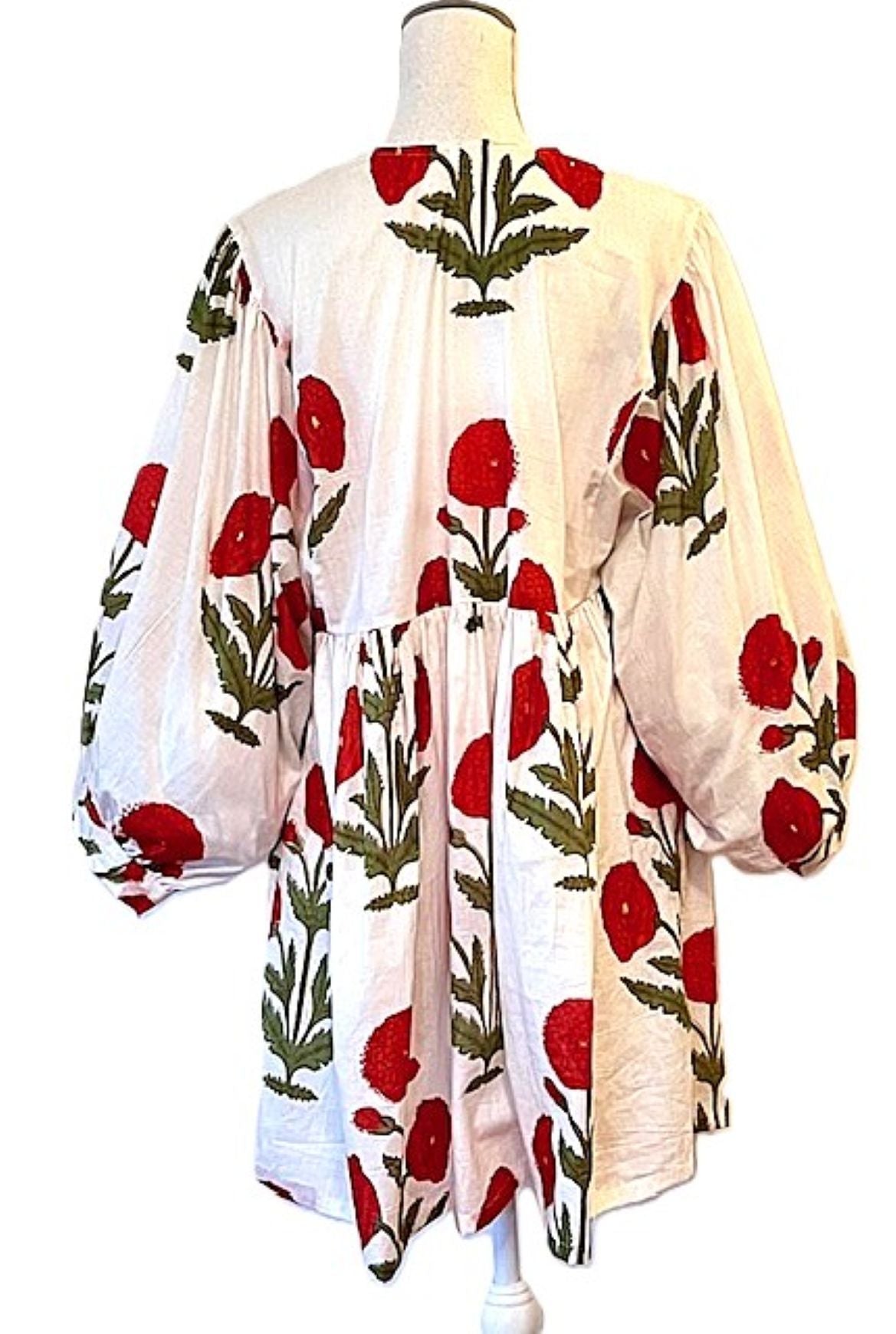 Cotton Block Print Mini Dress Is Energetic. Easy Fit. (Red)