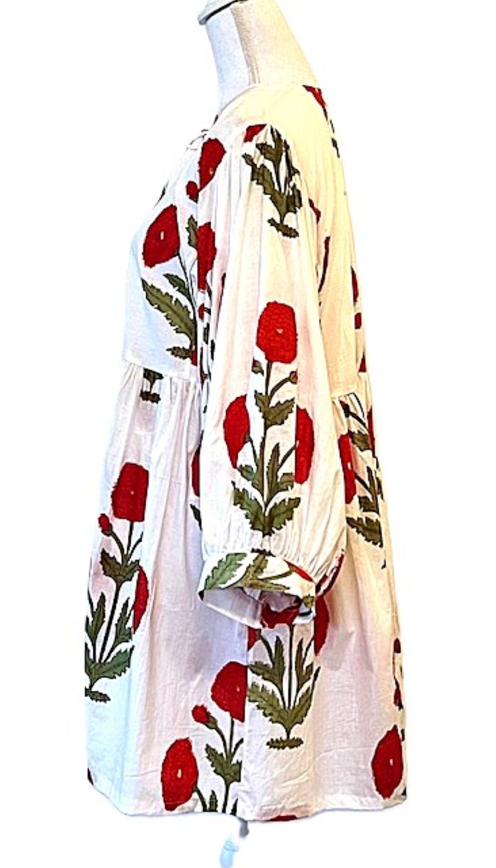 Cotton Block Print Mini Dress Is Energetic. Easy Fit. (Red)