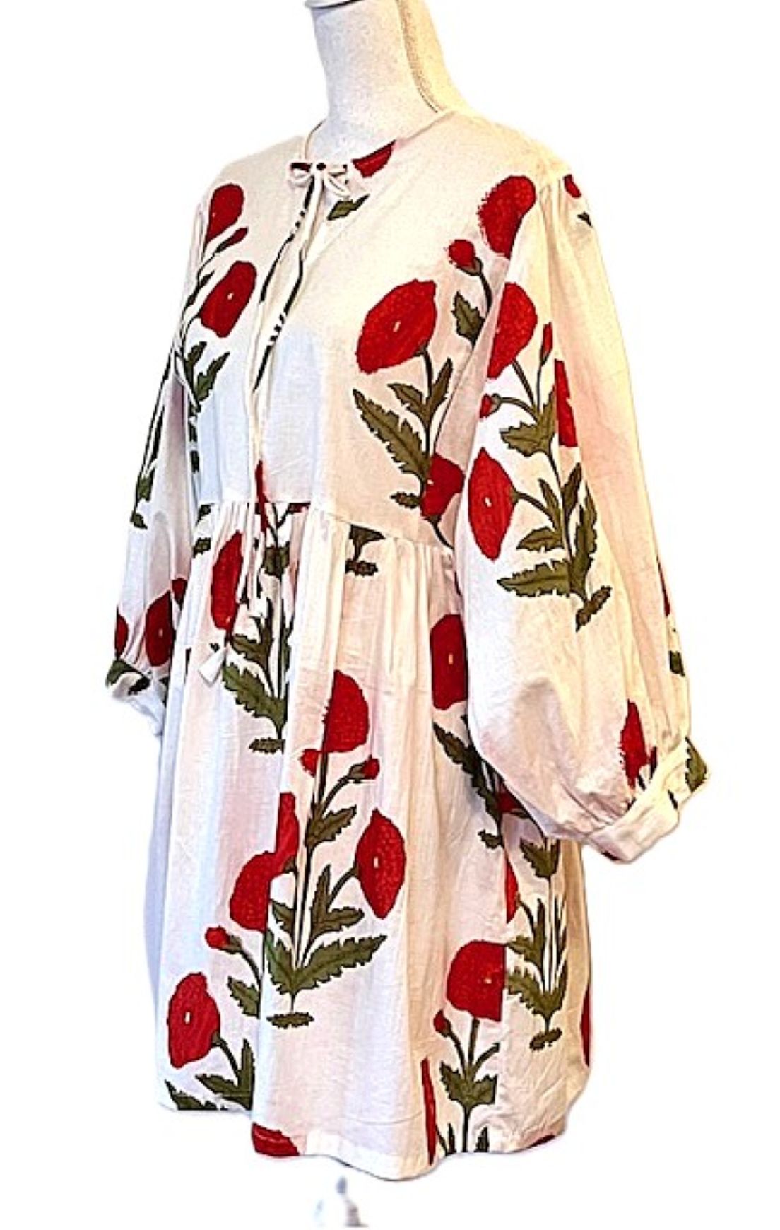 Cotton Block Print Mini Dress Is Energetic. Easy Fit. (Red)