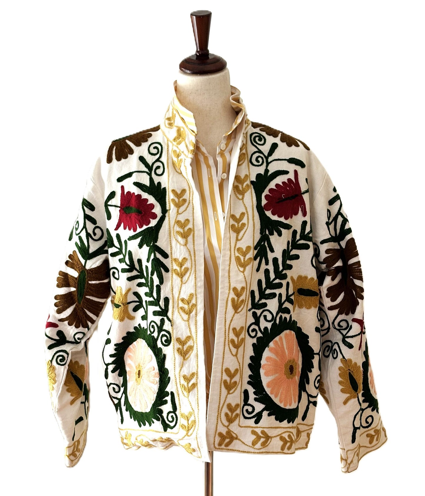 Wearable Art In This Beautiful Khadi Suzani Hand Embroidered Floral Jacket. (Multicolor)