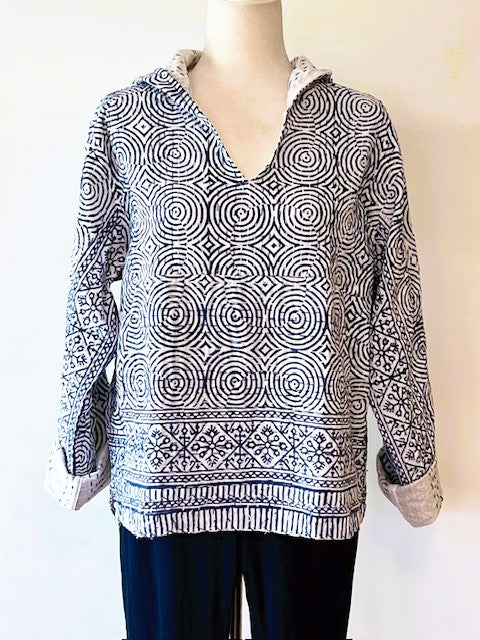 Block Print Hoodie Redefines Kantha Stitching (Indigo)