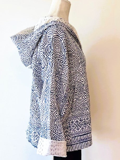 Block Print Hoodie Redefines Kantha Stitching (Indigo)