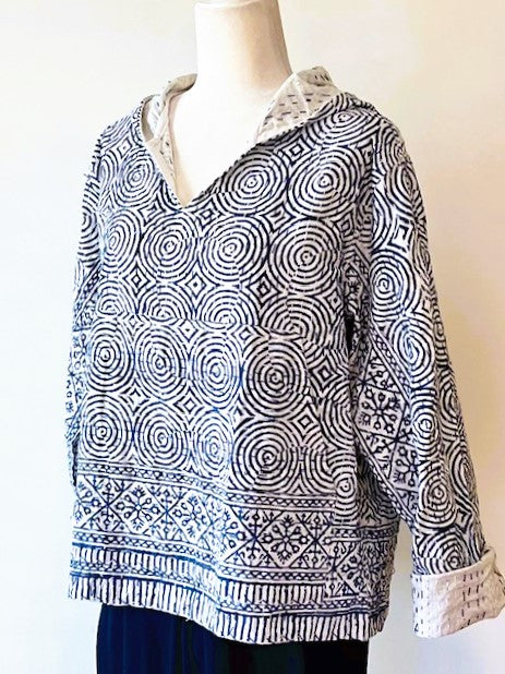 Block Print Hoodie Redefines Kantha Stitching (Indigo)