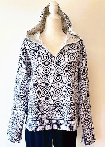 Block Print Hoodie Redefines Kantha Stitching (Indigo)
