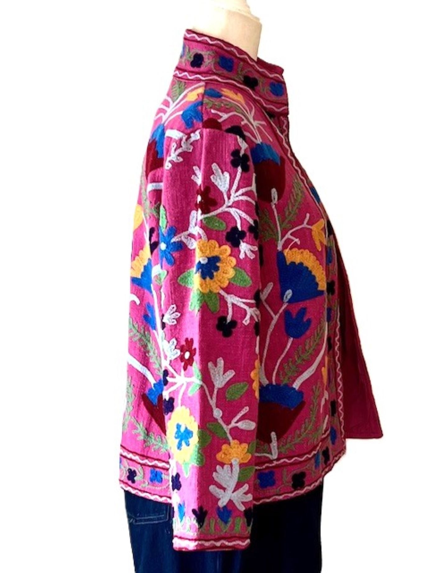 Wearable Art In This Hand Embroidered Short Jacket. (Pink)
