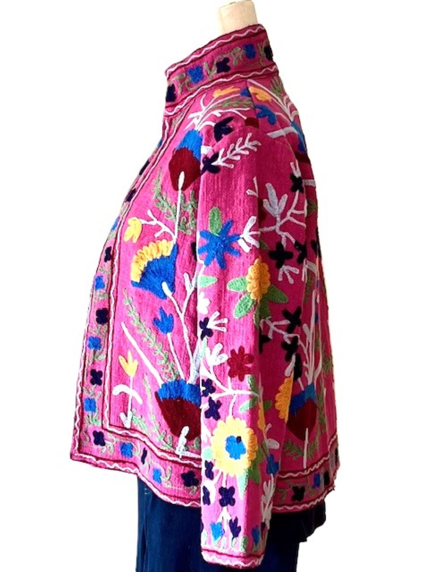 Wearable Art In This Hand Embroidered Short Jacket. (Pink)