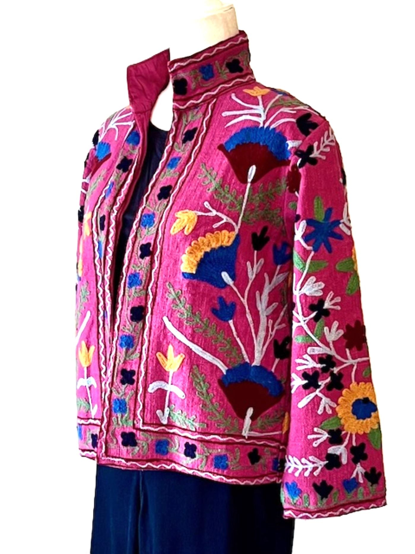Wearable Art In This Hand Embroidered Short Jacket. (Pink)