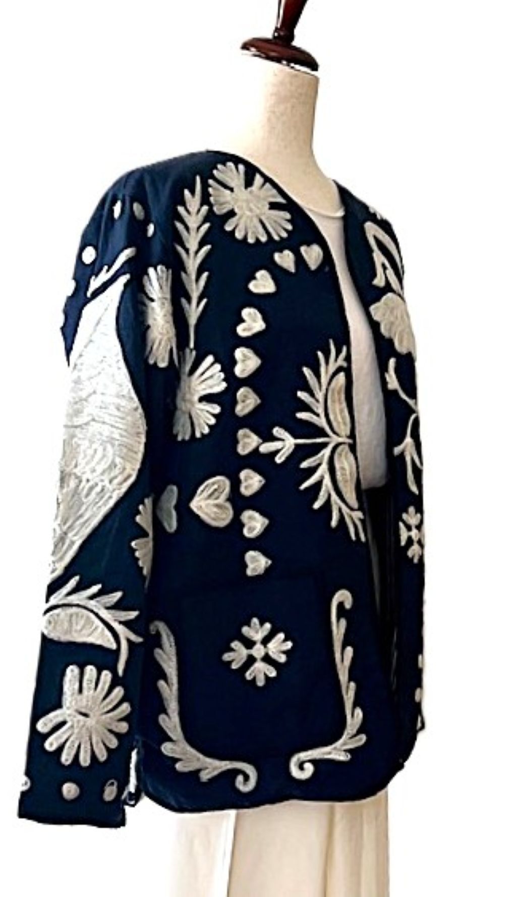 Jacket, Wearable Art In This Hand Embroidered Short Contemporary "Love" Jacket. (Navy)