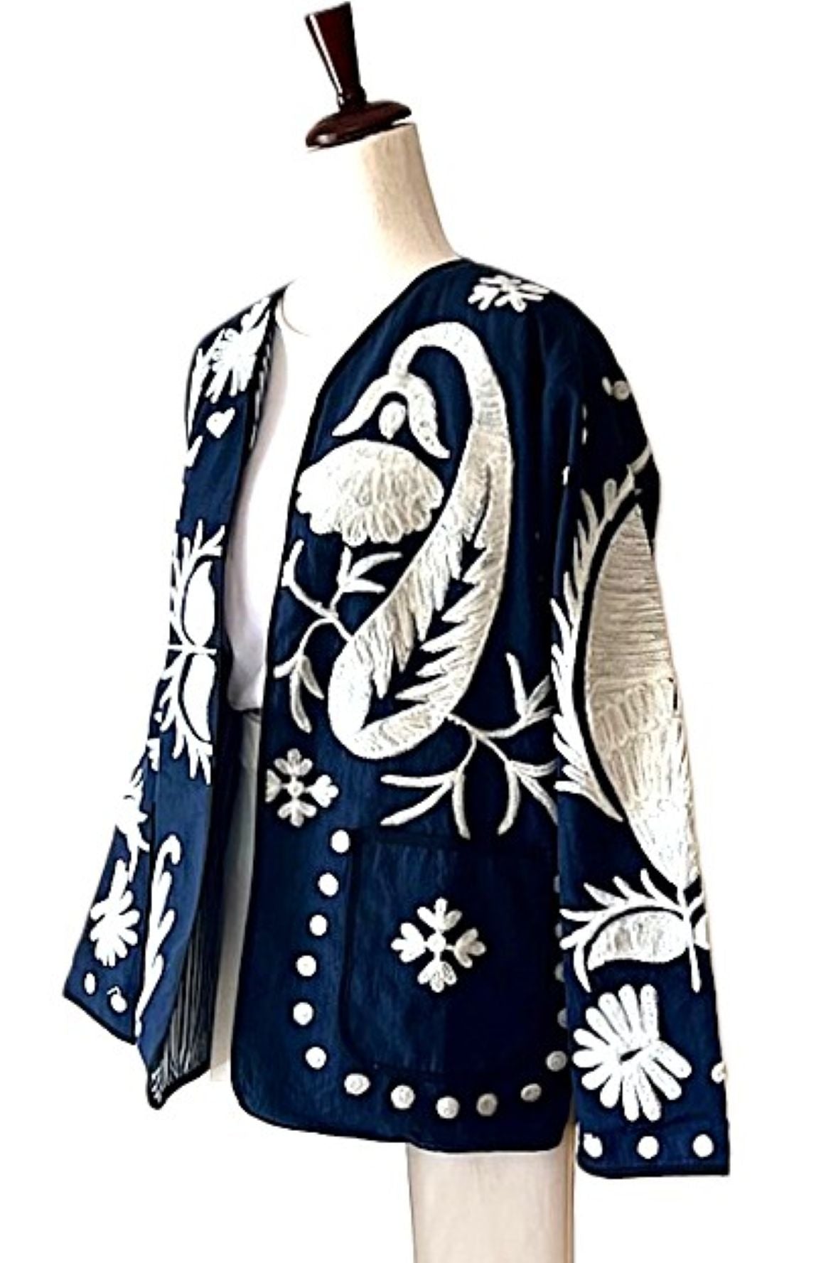Jacket, Wearable Art In This Hand Embroidered Short Contemporary "Love" Jacket. (Navy)