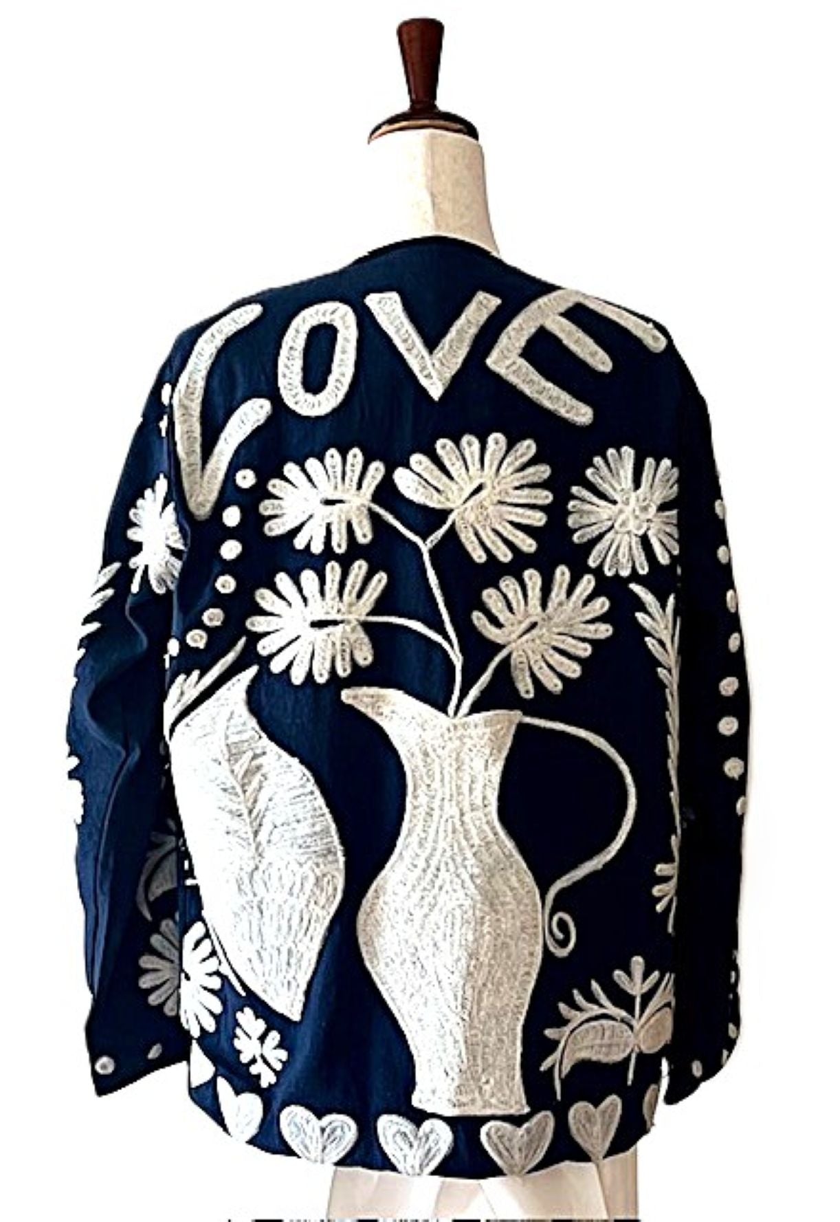 Jacket, Wearable Art In This Hand Embroidered Short Contemporary "Love" Jacket. (Navy)