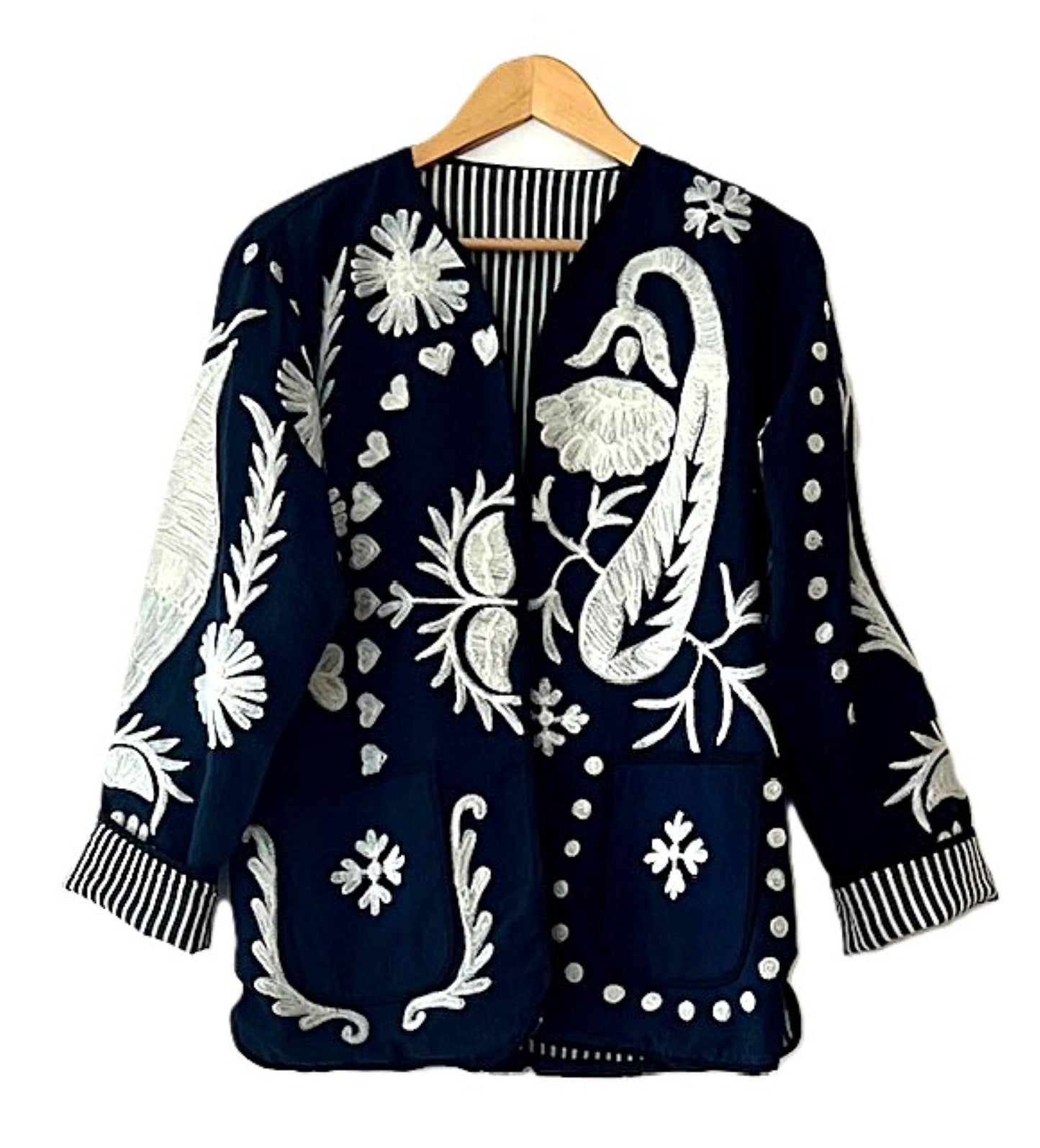 Jacket, Wearable Art In This Hand Embroidered Short Contemporary "Love" Jacket. (Navy)