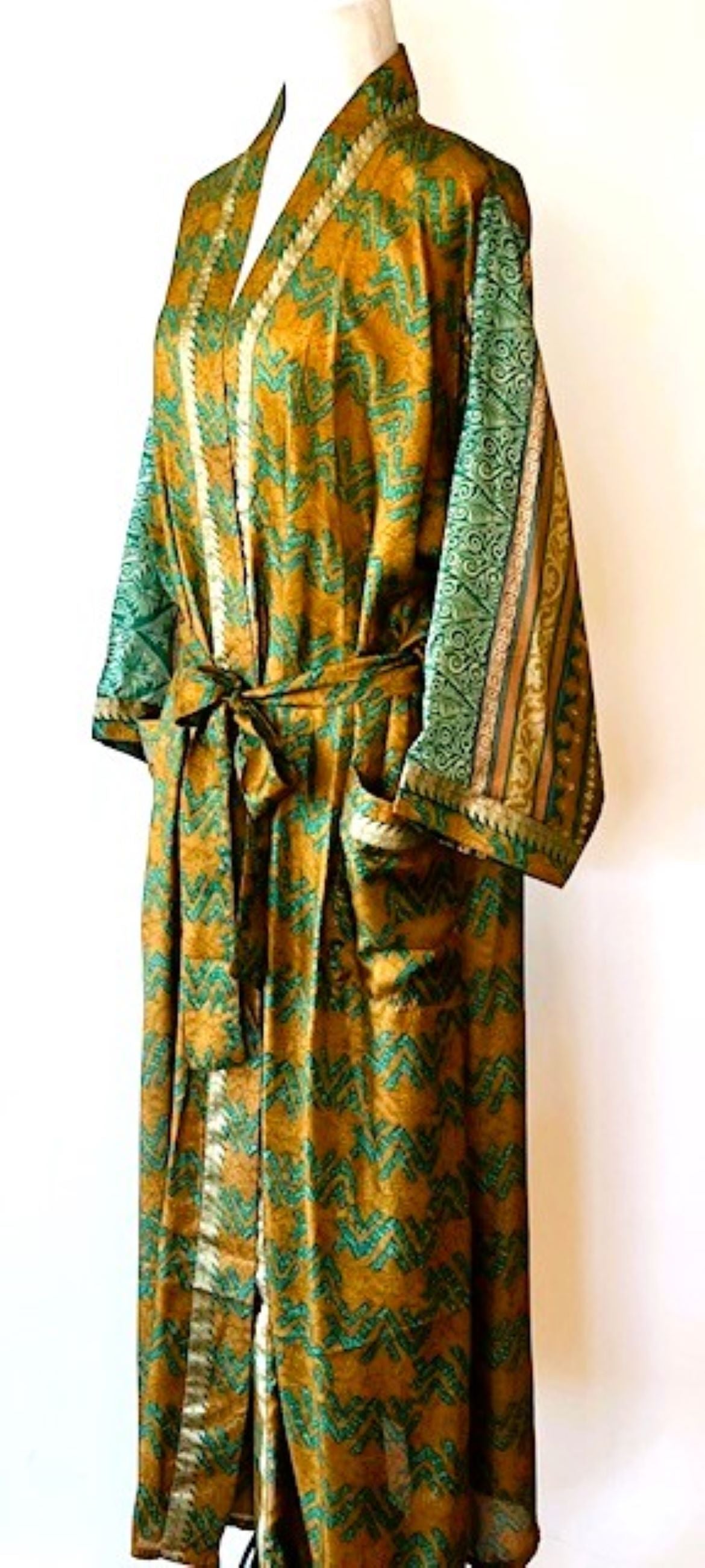 Luxury Silk Mixed Print Kimono Duster Is Seductive (Olive)