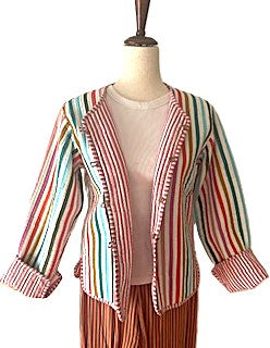 Short Cotton Quilted Handmade Jacket, Fully Reversible. (Rainbow Striped)