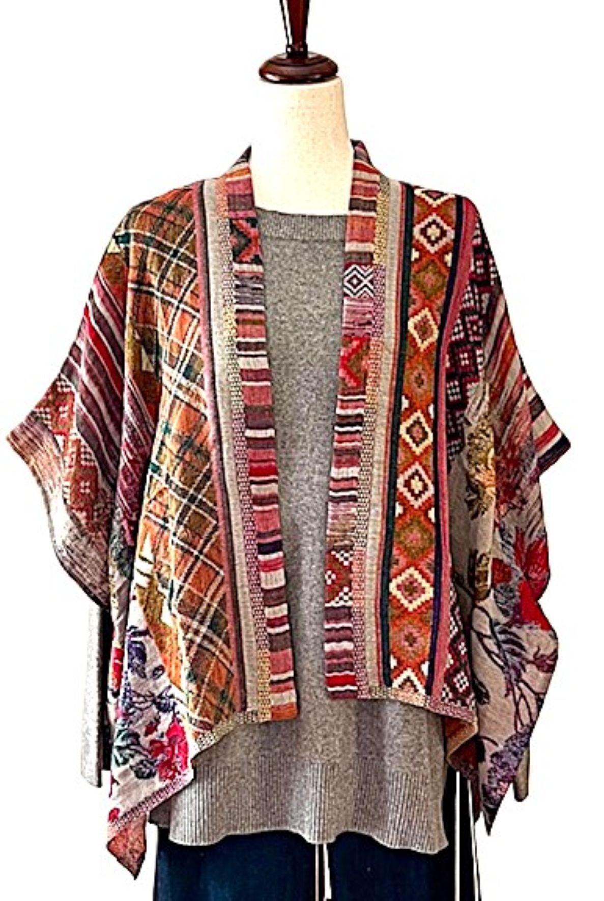 Jacket: Boho Inspired Floral Geometric Short Open Poncho. Contemporary Spin.