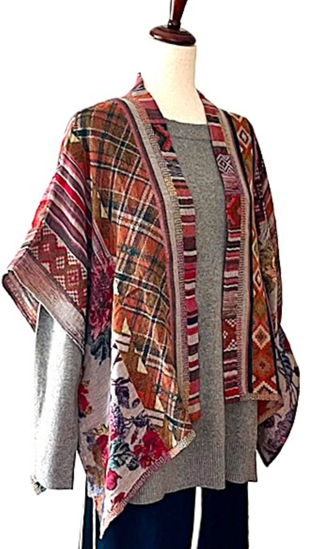 Jacket: Boho Inspired Floral Geometric Short Open Poncho. Contemporary Spin.