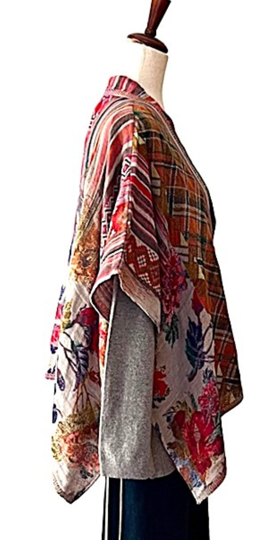 Jacket: Boho Inspired Floral Geometric Short Open Poncho. Contemporary Spin.