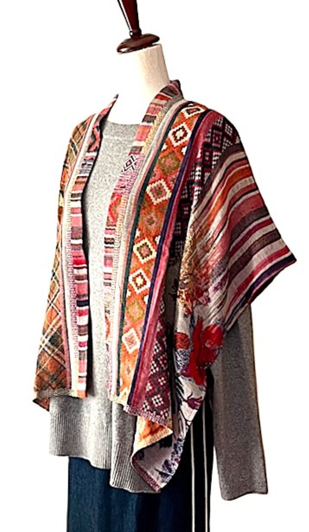 Jacket: Boho Inspired Floral Geometric Short Open Poncho. Contemporary Spin.